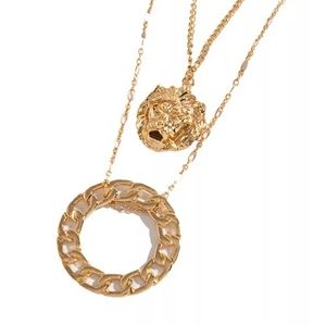 Gold Chain Lion Head Pendant Circle Link Necklace